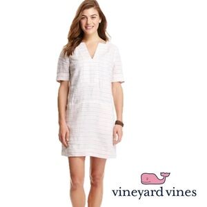 Vineyard Vines Stripe Linen Tunic Shift Dress V-Neck Short Sleeve Pockets Sz 14